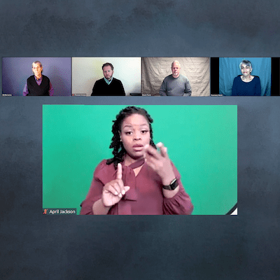 four people on web cameras watching an ASL presentation