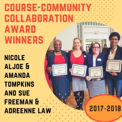 winners of the course-community collaboration award pose for a group photo holding certificates