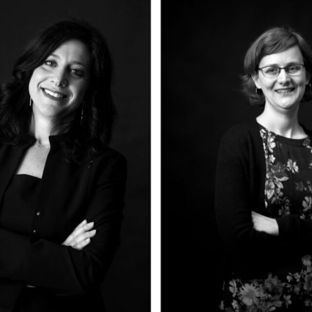 theo davis and jessica silbey pose for a black and white photo