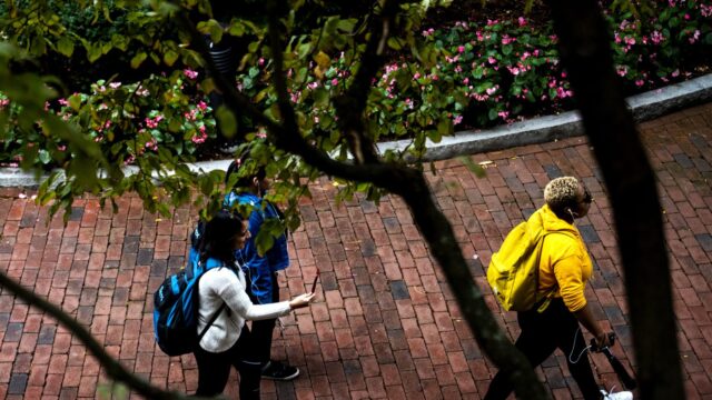 aerial shot of students walking on a brick path