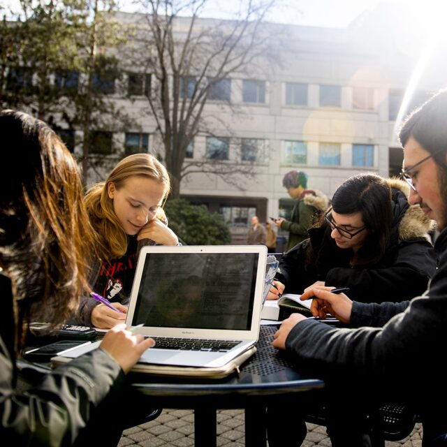 Northeastern students, left to right, Surbhi Srinivas, Chloe Brasket, Ryder DeCanio and Alex DeRing work on chemistry homework on Snell Quad