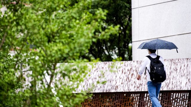 A student carrying an umbrella walks across the pedestrian bridge on the Boston campus