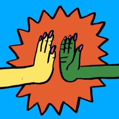 Detail from Christina Lee (@xxtinalee), “Post Quarantine Visions” (2020). Shows a drawing of two hands clapping (one yellow and one green) with an orange and blue background.