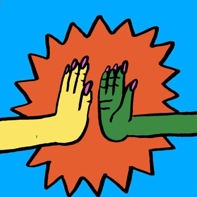 Detail from Christina Lee (@xxtinalee), “Post Quarantine Visions” (2020). Shows a drawing of two hands clapping (one yellow and one green) with an orange and blue background.