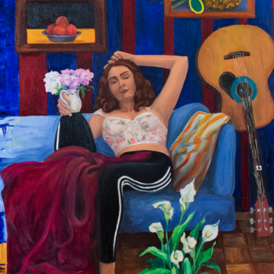 a painting of a woman wearing leggings and a crop top lounging on a blue couch, looking off into the distance. she is surrounded by an acoustic guitar, a painting of a bowl of oranges, a blanket, and a peace lily plant.