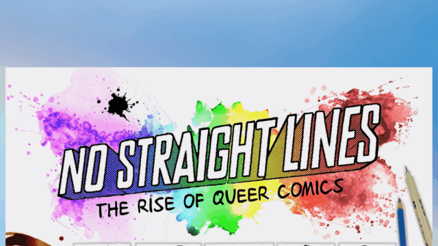 banner for No Straight Lines featuring the title of the film on a rainbow splash background