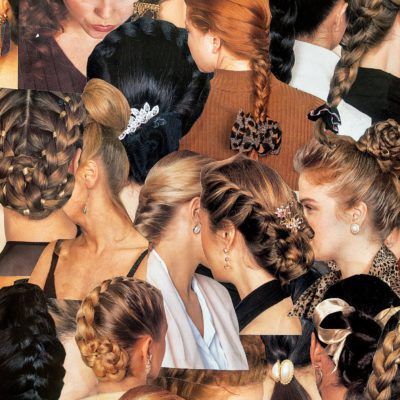 a collage of the back of white womens' heads. Many have their hair in fancy updos or braided hairstyles.