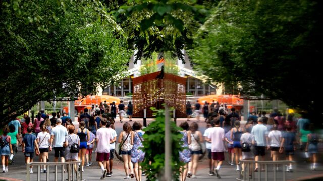 A tour group walks though Northeastern’s Boston campus on Aug. 13, 2021. Photo by Matthew Modoono/Northeastern University