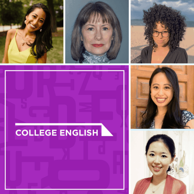 a grid of photos with the College English logo in the bottom right corner and clockwise headshots of Genesis Barco Medina, Ellen Cushman, Cherice Jones, Tabitha Espina, and Qianqian Zhang-Wu
