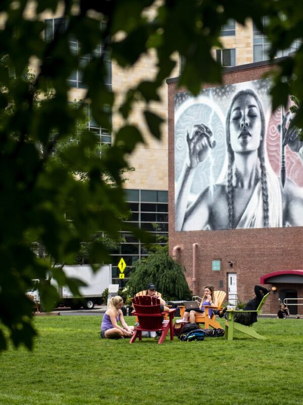 students lounging in the grass