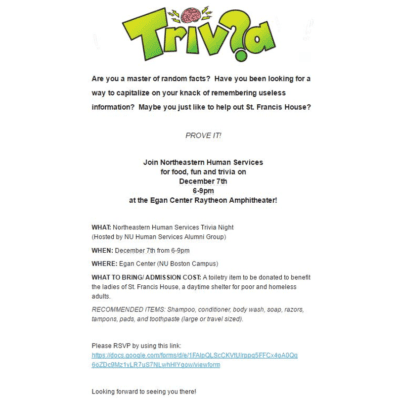 HUSV trivia night flyer white background with black font and green logo