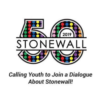 50 stonewall logo. Text: 50 Stonewall 2019. Calling youth to join a dialogue about stonewall!. Black text on white background. 