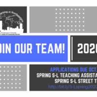 Flyer entitled: Join our team! 2020. Applications due Oct. 24 Spring S-L Teaching Assistance. Spring S-L Street Team. http//bit.ly/S-Lspring2020app. White text on blue and dark gray background. Service learning at Northeastern logo. Half of a globe on top of the Boston skyline. -colored gray and white.