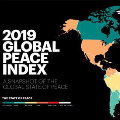 Flyer entitled: 2019 Global Peace Index: A Shapshot of the global state of peace. White text on black background. Legend labeled “ The state of peace” with different colors. Very high- dark teal, high- teal, medium- yellow, low- orange, very low-red- not included- white. colored by key map of North and South America.