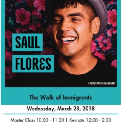 flyer for Saul Flores the Walk of Immigrants. blue background with his headshot