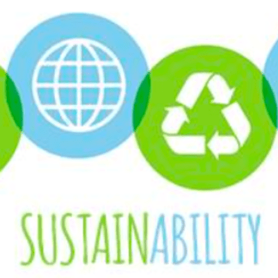 Flyer entitled: sustainability. Image description: green and blue graphics- green circle with white leaf, blue circle with white globe, green circle the the “reduce, reuse, recycle” logo, blue circle with outlines of people