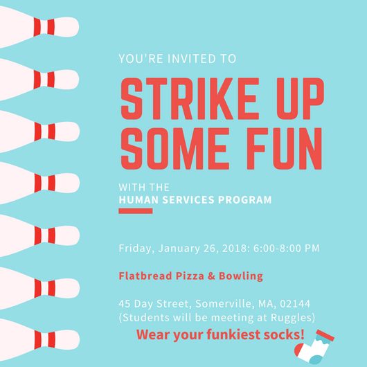 Flatbread and bowling night event flyer