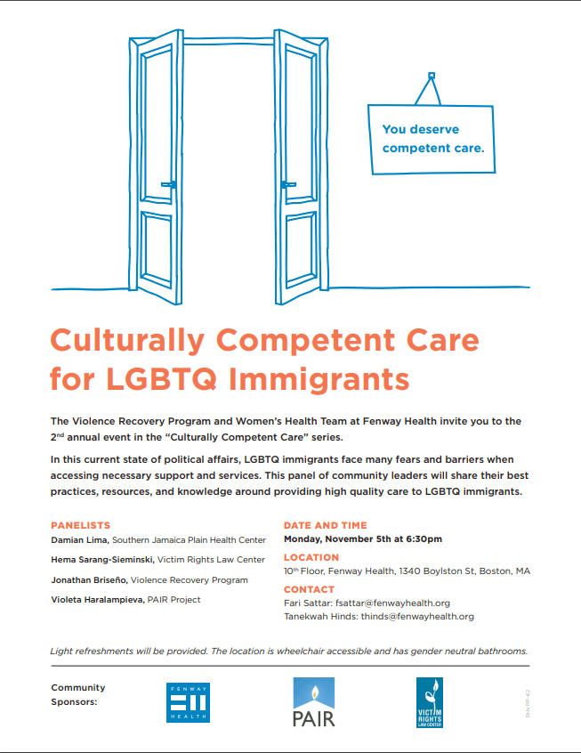 Culturally Competent Care for LGBTQ Immigrants event flyer