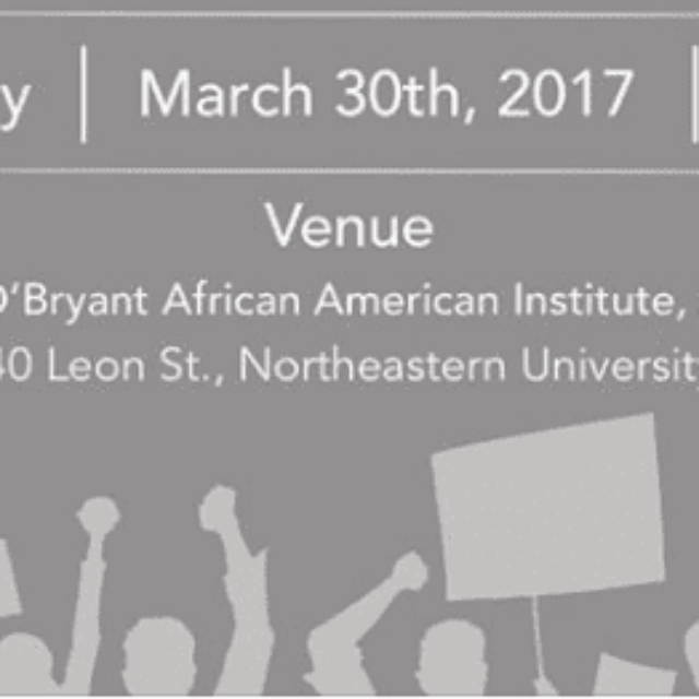 gray flyer for 2017 March event. graphic of activists with signs protesting