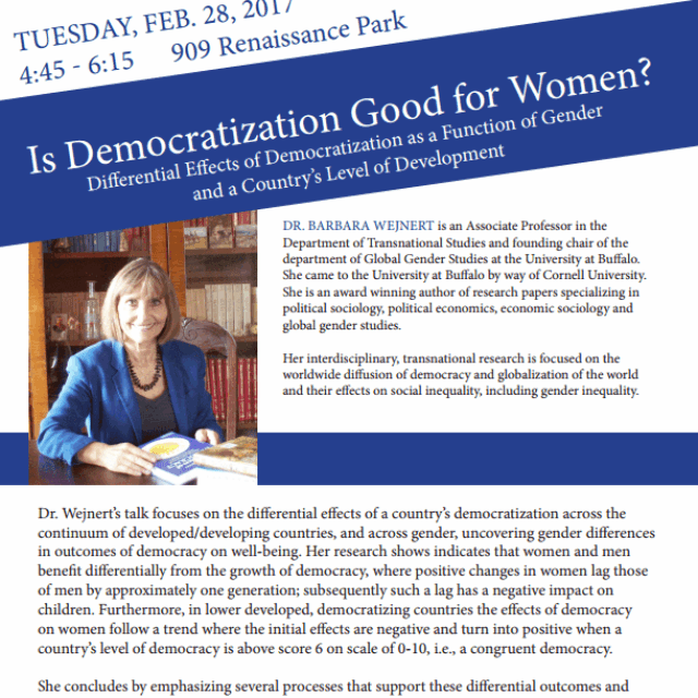 white and blue event flyer for Is Democratization Good for Women?
