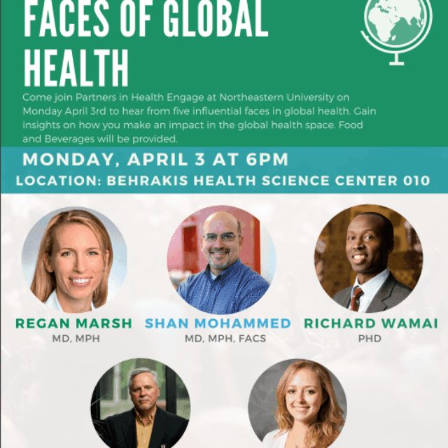 green flyer with 5 photographs of speakers for Faces of Global Health