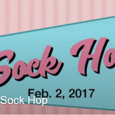 pink and blue banner promoting Sock Hop 2017