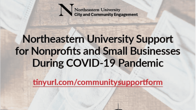 Flyer entitled: Northeastern University Support for Nonprofits and Small Businesses during COVID-19 Pandemic. Image description: beige background with city landscape doodle.