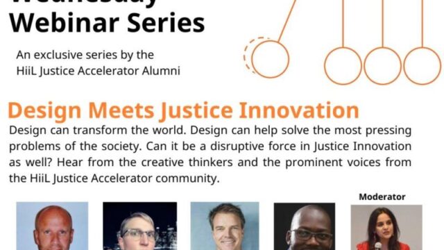 Flyer entitled: Design Meets Justice Innovation. Flyer description: Wednesday webinar series- an exclusive series by the HiiL Justice Accelerator Alumni. Design can transform the world. Design can help solve the most pressing problems of the society. Can it be disruptive force in Justice innovation as well? Hear from the creative thinkers and the prominent voices from the HiiL Justice Accelerator community. Panelists: James Wingard (Co-founder and legal director at Legal Atlas), Jules Sievert (Creative Director at NULawLab), Robert de Rooy (Founder Creative Contracts), Michael Katagaya (Founder Evidence and Methods Lab), and Kanan Dhru (Community Manager at HiiL Justice Accelerator). Date: Wednesday August 26th from 4 - 5 pm CET over Zoom. Image Description: Headshots of the panelists; black and orange text on white background.