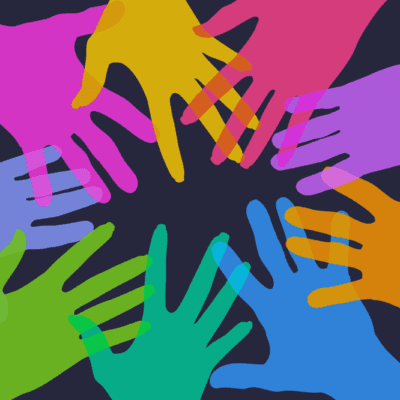 Group of overlapping rainbow hands forming a circle on a black background.