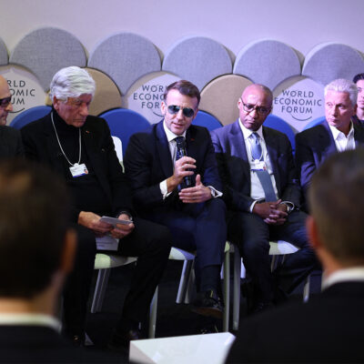 French businessman Maurice Levy and French President Emmanuel Macron during a meeting with leaders of AI companies during the World Economic Forum (WEF) annual meeting in Davos, Switzerland on January 20, 2026. The World Economic Forum takes place in Davos from January 19 to January 23, 2026. Photo by Raphael Lafargue/Abaca/Sipa USA(Sipa via AP Images)