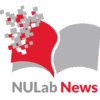 The logo for NuLab News: a minimalist image of an opened book with monochrome and red pixels on the left edge