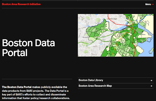 Image of the Boston Data Portal home page on the BARI website.