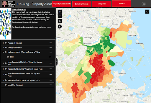 The ArcGIS map of Boston, on the right side of the image shows the differences in housing and property access across the city, and on the left side of the image shows the different map layers like energy efficiency and places of interest. 