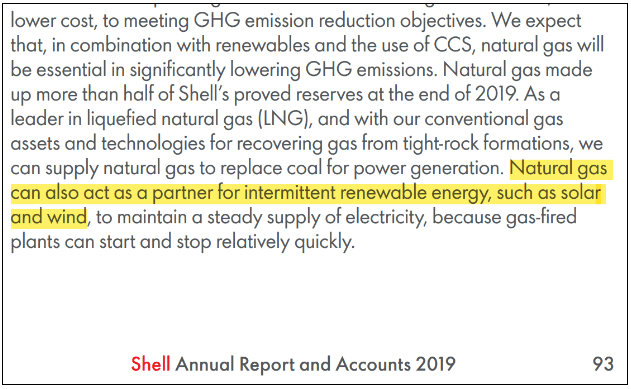 Screenshot from Shell's 2019 Annual Report. Highlighted text describes solar and wind energy as intermittent and states natural gas can partner with solar and wind since gas plants can stop and start quickly. 
