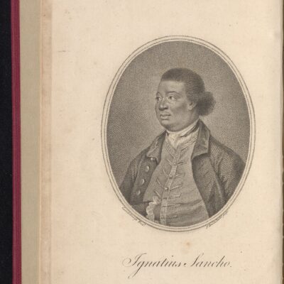 A black and white drawn portrait of Ignatius Sancho, shown on a book