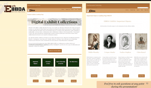 An image of the updated Early Black Boston Digital Almanac website, showing the digital exhibit collections on the left, as well as a draft webpage on important historical figures highlighted in the Almanac.