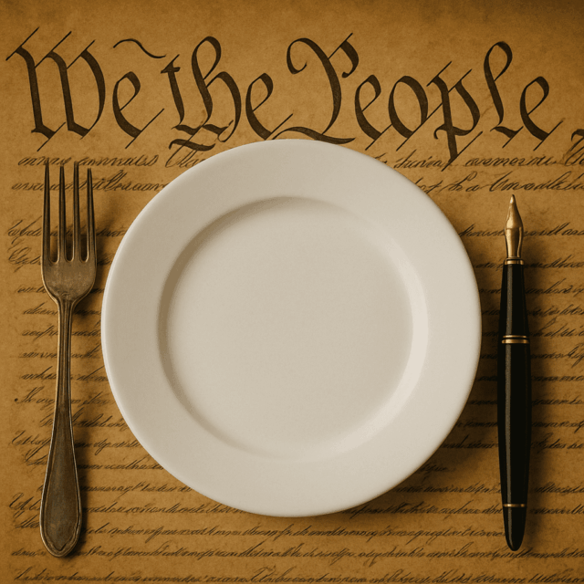 Plate, fork, and pen on top of U.S. Constitution