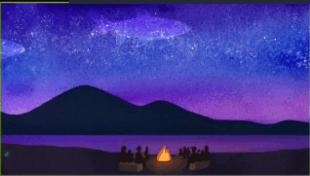 A screenshot of the preliminary animation done by Jocelyn Garcia, using watercolors and digital drawing. The image shows a starry blue, evening sky with an outline of the Hitch fish, above a dusky purple horizon revealing a mountain range. A group of people sit around a fire next to Clear Lake by the mountain range.