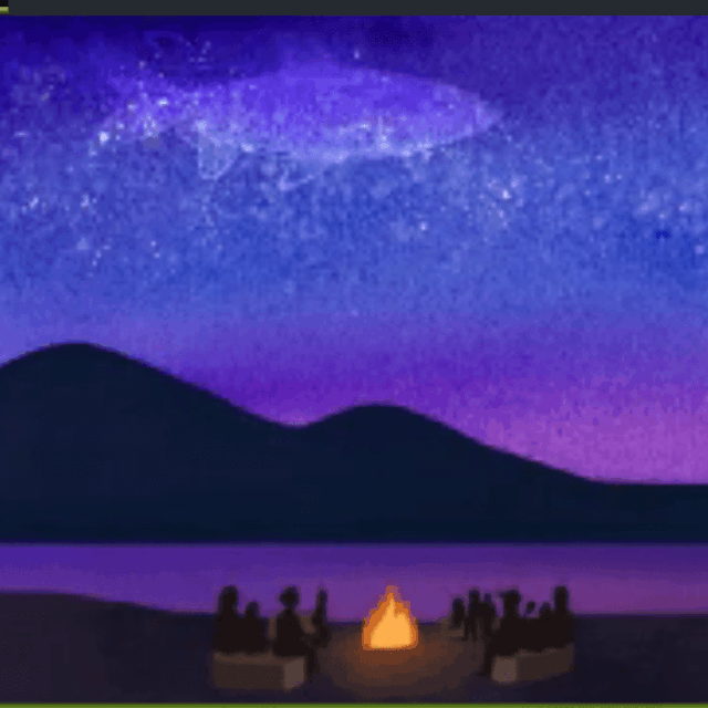A screenshot of the preliminary animation done by Jocelyn Garcia, using watercolors and digital drawing. The image shows a starry blue, evening sky with an outline of the Hitch fish, above a dusky purple horizon revealing a mountain range. A group of people sit around a fire next to Clear Lake by the mountain range.