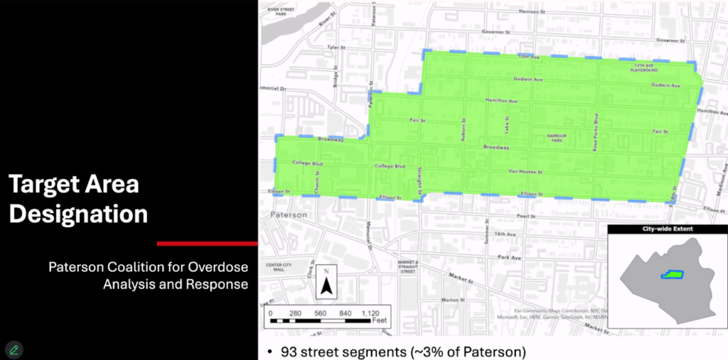 A screenshot of the target area for policy intervention, highlighting a polygon of 93 street segments, or about 3% of the city area in Paterson, NJ.
