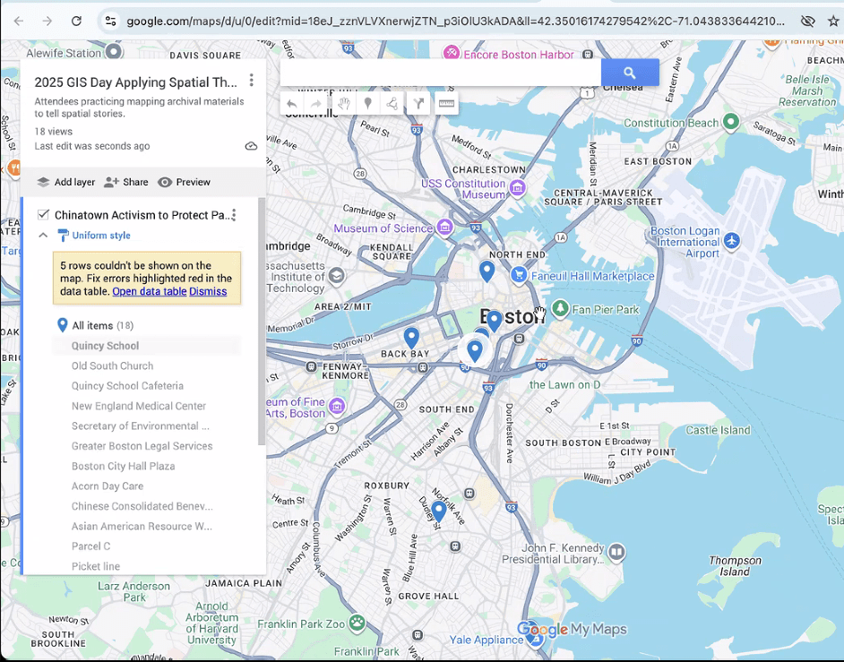 A screenshot of the GoogleMyMap created by workshop attendees on locations important to Parcel C activism in Chinatown. The map shows the greater Boston area with map markers pinned in the center of Boston, and fewer markers spread around the city's surrounding neighborhoods.