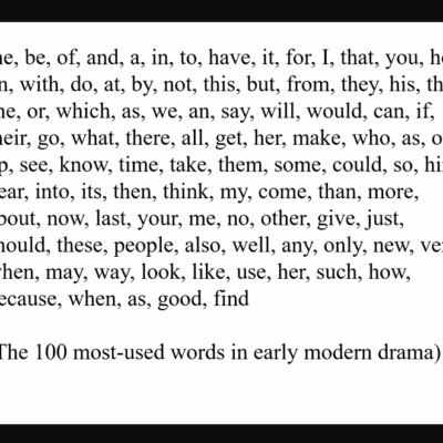 A list of the hundred, most-used words in early modern English drama.