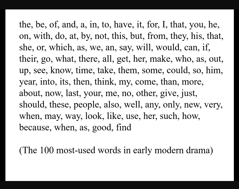 A list of the hundred, most-used words in early modern English drama.