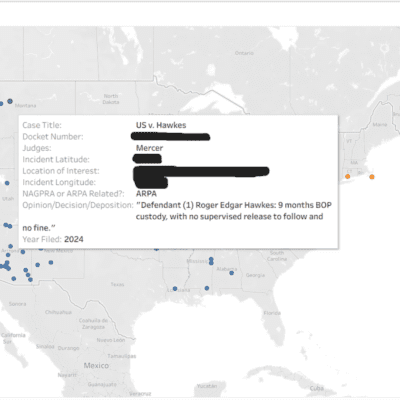 Tableau map of the United States displaying cases filtered by NAGPRA/ARPA. The pop-up displays information like the case title, docket number, judges, location, etc.