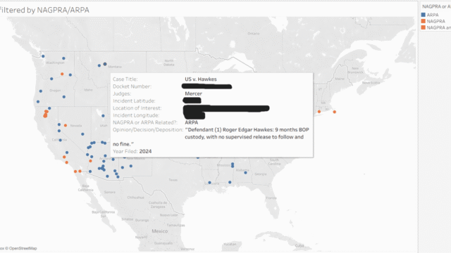 Tableau map of the United States displaying cases filtered by NAGPRA/ARPA. The pop-up displays information like the case title, docket number, judges, location, etc.