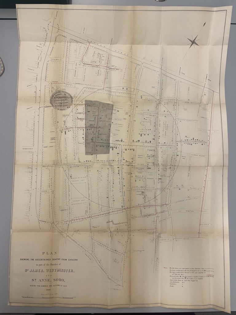 Map of St. James, Westminster and St. Anne, Soho in London by John Snow in 1854 which shows the number of occupants per household that contracted cholera and their proximity to the local well