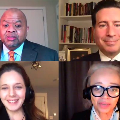 From top left: Rod Brunson, Thomas P. O'Neill Jr. Chair of Public Life; Professor of Criminology and Criminal Justice and Political Science; Director of Graduate Mentoring and Diversity Initiatives, College of Social Sciences and Humanities, Costas Panagopoulos, Professor and Department Chair of Political Science, College of Social Sciences and Humanities, Brooke Foucault Wells, Associate Professor of Communication Studies, College of Arts, Media, and Design and Pat Williams, University Distinguished Professor of Law and Humanities, School of Law and College of Social Sciences and Humanities. Screenshots by Northeastern University