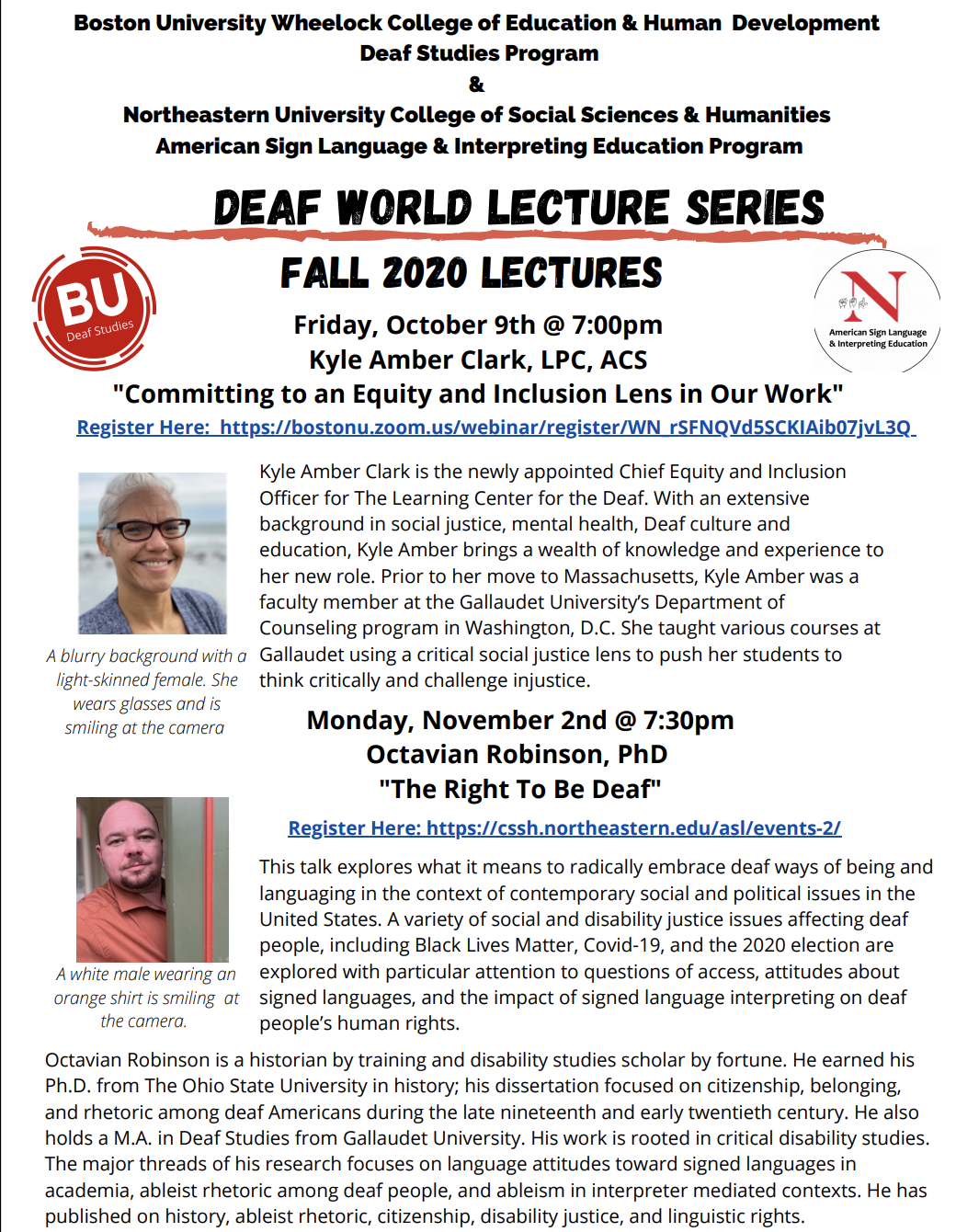 Flyer for upcoming Deaf World Lecture Events