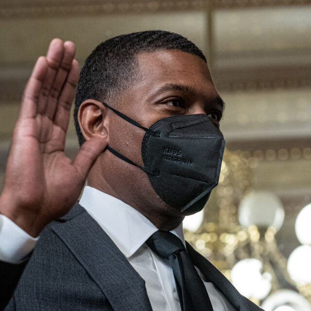 Michael Regan, administrator of the Environmental Protection Agency (EPA), wears a protective mask while being sworn in during a ceremony in Washington, D.C., U.S., on Wednesday, March 17, 2021.