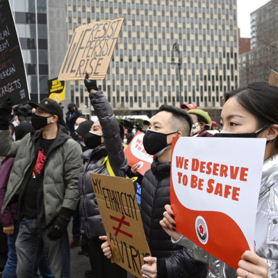 People protest in New York's Manhattan on Feb. 27, 2021, against a recent uptick in hate crimes targeting Asian Americans, apparently fueled by the news that COVID-19 first appeared in China.